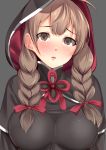  1girl blush braid breasts brown_eyes brown_hair chirashi_(so) eyebrows_visible_through_hair grey_background hair_ribbon highres impossible_clothes kantai_collection large_breasts long_hair long_sleeves low_twintails open_mouth red_hood red_ribbon ribbon shinshuu_maru_(kantai_collection) simple_background solo twin_braids twintails 