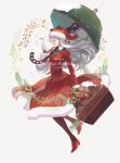  1girl bell copyright_name en_(enxxx) fate/grand_order fate_(series) florence_nightingale_(fate/grand_order) florence_nightingale_santa_(fate/grand_order) hat high_heels highres holly over_shoulder pantyhose pink_hair red_eyes santa_hat smile umbrella_gun weapon weapon_over_shoulder 