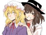  2girls bangs black_hair black_headwear blonde_hair blush bow bowtie brown_eyes commentary_request dress eyebrows_visible_through_hair fedora grin hair_between_eyes hair_bow hands_on_another&#039;s_shoulders hat hat_bow kuya_(hey36253625) long_hair looking_at_viewer maribel_hearn mob_cap multiple_girls neck_ribbon puffy_sleeves purple_dress red_bow red_neckwear red_ribbon ribbon shirt short_hair short_sleeves simple_background sketch smile touhou upper_body usami_renko white_background white_bow white_headwear white_shirt yellow_eyes 