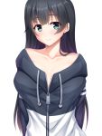  agano_(kantai_collection) arms_behind_back black_hair breasts collarbone green_eyes highres hood hoodie kantai_collection large_breasts long_hair looking_at_viewer naked_hoodie ruin_re_birth simple_background zipper 