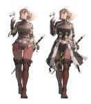  1girl ahoge armor belt bird bird_on_finger boots breasts brown_eyes brown_footwear brown_hair chainmail coattails collage commentary_request full_body gloves highres jun_(seojh1029) large_breasts multiple_views original pants red_pants scabbard sheath sheathed solo_focus strap sword thigh-highs thigh_boots thigh_gap walking weapon wind wind_lift zweihander 
