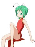  1girl alternate_costume anklet antennae arm_support bare_arms bare_legs cato_(monocatienus) china_dress chinese_clothes commentary_request dress feet_out_of_frame flat_chest green_eyes green_hair hair_between_eyes jewelry knee_up leaning_back looking_at_viewer open_mouth parted_lips short_hair simple_background solo touhou white_background wriggle_nightbug 