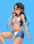  1girl :d armband artist_name bare_shoulders belly_chain black_hair blue_background breasts brown_eyes commentary cosplay crop_top dark_skin ear_clip earrings english_commentary fang highres holding holding_poke_ball hoop_earrings ijiranaide_nagatoro-san jewelry long_hair looking_at_viewer midriff nagatoro navel necklace nickniceth open_mouth poke_ball poke_ball_(generic) pokemon pokemon_(game) pokemon_swsh rurina_(pokemon) rurina_(pokemon)_(cosplay) sharp_teeth short_shorts shorts simple_background small_breasts smile smirk solo tank_top teeth uneven_eyes wristband 