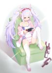  1girl animal_ears azur_lane bangs bluesnail bottle breasts camisole closed_mouth collarbone expressionless fake_animal_ears full_body hairband highres jacket jitome knee_up laffey_(azur_lane) lavender_hair nintendo_switch no_pants off_shoulder open_clothes open_jacket panties pink_jacket playing_games rabbit_ears red_eyes sidelocks sitting small_breasts solo spaghetti_strap strap_slip striped striped_panties thigh-highs twintails underwear white_legwear wine_bottle 
