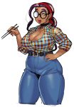  1girl belt black-framed_eyewear black_choker black_hair breasts choker chopsticks denim fangs glasses hairband hand_on_hip highres jeans large_breasts long_hair looking_at_viewer pants plaid plaid_shirt redhead shirt smile solo sweat synecdoche thick_eyebrows thick_thighs thighs yellow_eyes 