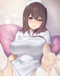  1girl bangs blush breasts brown_eyes brown_hair closed_mouth commentary_request couch dress hat indoors large_breasts nijigenkanojyo nurse nurse_cap original outstretched_hand short_dress smile solo spread_legs thigh-highs white_legwear 
