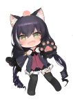  1girl animal_ear_fluff animal_ears bangs bare_shoulders black_gloves black_hair black_legwear black_sleeves blush cat_ears chibi detached_sleeves diamond-shaped_pupils dokomon eyebrows_visible_through_hair fang full_body garter_straps gloves green_eyes hair_between_eyes head_bump highres kyaru_(princess_connect) long_hair long_sleeves looking_at_viewer low_twintails open_mouth paw_gloves paws princess_connect! princess_connect!_re:dive purple_skirt ringlets shirt simple_background skirt sleeveless sleeveless_shirt solo symbol-shaped_pupils tears thigh-highs twintails v-shaped_eyebrows very_long_hair white_background white_shirt wide_sleeves 