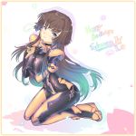  1girl alternate_hair_color bangs black_bodysuit blue_eyes blue_hair bodysuit breasts breasts_apart brown_hair cat_with_a_brush character_name closed_mouth floating_hair full_body gradient_hair happy_birthday highres kneeling large_breasts long_hair looking_at_viewer multicolored_hair muvluv muvluv_alternative shiny shiny_clothes shiny_hair skin_tight smile solo takamura_yui very_long_hair white_background 