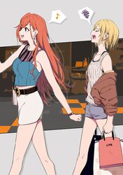  2girls :d arisugawa_natsuha bag bangs bare_shoulders belt belt_buckle black_belt blonde_hair blue_shirt blush breasts brown_eyes brown_jacket buckle closed_eyes commentary_request ear_piercing earrings eighth_note eyebrows_visible_through_hair grey_tank_top holding holding_bag idolmaster idolmaster_shiny_colors jacket jewelry long_hair multiple_girls musical_note off_shoulder open_clothes open_jacket open_mouth orange_hair paper_bag piercing profile purple_shorts saijou_juri shirt shopping_bag short_hair short_shorts shorts shoulder_bag skirt sleeveless sleeveless_shirt small_breasts smile sohin spoken_musical_note spoken_squiggle squiggle tank_top very_long_hair watch watch white_skirt 