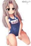  1girl alternate_costume alternate_hairstyle arm_behind_back arm_between_legs bare_legs blue_swimsuit blush breasts brown_eyes collarbone covered_navel embarrassed full_body grey_hair highres kantai_collection kneeling kurokoshou_(emuburemu123) light_brown_hair long_hair looking_at_viewer name_tag old_school_swimsuit one-piece_swimsuit raised_eyebrows school_swimsuit simple_background small_breasts solo swimsuit twitter_username white_background zuihou_(kantai_collection) 