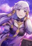  1girl arm_at_side bangs clouds commentary_request cowboy_shot detached_sleeves dress eyebrows_visible_through_hair fire_emblem fire_emblem:_three_houses hair_ornament hand_in_hair hand_up highres long_sleeves looking_at_viewer lysithea_von_ordelia outdoors parted_lips purple_dress purple_ribbon ribbon signature sketch smile solo tassel yukimiyuki 