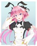  1boy astolfo_(fate) astolfo_(saber)_(fate) bangs black_bow black_ribbon blue_background blush bow bowtie commentary_request dress eyebrows_visible_through_hair fate/grand_order fate_(series) hair_bow hair_intakes hair_ribbon highres kanaya604 long_hair long_sleeves looking_at_viewer multicolored_hair open_mouth otoko_no_ko pink_hair puffy_sleeves ribbon simple_background solo streaked_hair twintails v violet_eyes white_hair 
