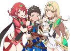  1boy 2girls absurdres baffu bangs bare_shoulders blush breasts cleavage_cutout covered_navel elbow_gloves fingerless_gloves gem gloves headpiece highres mythra_(xenoblade) pyra_(xenoblade) large_breasts long_hair looking_at_viewer multiple_girls open_mouth red_shorts redhead rex_(xenoblade_2) short_hair shorts shoulder_armor simple_background smile swept_bangs thigh-highs tiara white_background xenoblade_(series) xenoblade_2 yellow_eyes 