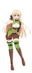  1girl :d absurdres arm_behind_back asymmetrical_sleeves belt belt_buckle black_belt black_gloves black_legwear black_sleeves blonde_hair blue_eyes boots brown_footwear brown_shorts buckle contrapposto cosplay gloves goblin_slayer! green_legwear hair_between_eyes high_elf_archer_(goblin_slayer!) high_elf_archer_(goblin_slayer!)_(cosplay) highres kankitukou knee_boots long_hair looking_at_viewer open_mouth priestess_(goblin_slayer!) short_shorts shorts simple_background single_sleeve smile solo straight_hair thigh-highs very_long_hair white_background 