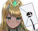  1girl bangs blonde_hair blush commentary_request earrings fingerless_gloves gem gloves glowing hairband holding_envelope jewelry long_hair looking_at_viewer monolith_soft monster_games mythra_(xenoblade) nayutayutautau nintendo nose_blush simple_background smash_ball smash_bros._invitation_letter solo sora_(company) super_smash_bros. swept_bangs upper_body white_background white_gloves xenoblade_(series) xenoblade_2 xenoblade_chronicles_2 yellow_eyes 