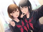  2girls black_eyes black_hair black_serafuku blurry blurry_background bob_cut brown_eyes brown_hair commentary_request grin long_hair multiple_girls noda_shuha original partial_commentary school_uniform self_shot serafuku short_hair smile v 