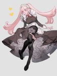  1girl :q black_legwear closed_mouth fire_emblem fire_emblem:_three_houses fire_emblem:_three_houses fire_emblem_heroes full_body grey_background heart hilda_valentine_goneril intelligent_systems koei_tecmo long_hair long_sleeves maid maid_headdress nintendo p-nekor pink_eyes pink_hair simple_background solo super_smash_bros. thigh-highs tongue tongue_out twintails 
