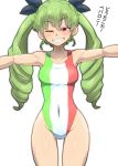  1girl anchovy aono3 bangs black_ribbon commentary covered_navel cowboy_shot drill_hair eyebrows_visible_through_hair flag_print girls_und_panzer green_hair grin hair_ribbon half-closed_eye highres italian_flag long_hair looking_at_viewer one-piece_swimsuit one_eye_closed print_swimsuit red_eyes ribbon simple_background smile solo standing swimsuit translated twin_drills twintails white_background 