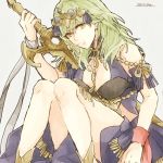  1girl banira_(ri0115ka) byleth_(fire_emblem) byleth_eisner_(female) closed_mouth cosplay fire_emblem fire_emblem:_three_houses green_eyes green_hair grey_background holding holding_sword holding_weapon medium_hair simple_background solo sothis_(fire_emblem) sothis_(fire_emblem)_(cosplay) sword twitter_username weapon 