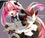  1boy animal_ears artist_name astolfo_(fate) astolfo_(saber)_(fate) bangs black_bow black_gloves black_ribbon blush bow bowtie bunny_hair_ornament commentary_request dress fake_animal_ears fate/grand_order fate_(series) gloves grey_background hair_bow hair_intakes hair_ornament hair_ribbon highres long_hair long_sleeves looking_at_viewer maid multicolored_hair otoko_no_ko pink_hair ribbon rukinya_(nyanko_mogumogu) simple_background solo streaked_hair twintails violet_eyes white_hair 