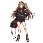  1girl alternate_costume bag bandaid bangs black_gloves black_legwear brown_hair closed_mouth eyebrows_visible_through_hair full_body girls_frontline gloves grey_jacket grey_shorts hair_between_eyes hair_ornament hands_on_hips holding holding_bag hood hood_down infukun jacket legs long_hair long_sleeves looking_at_viewer official_art shoes shorts smile sneakers socks standing transparent_background twintails ump9_(girls_frontline) 