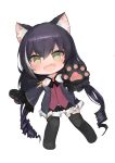  1girl animal_ear_fluff animal_ears bangs bare_shoulders black_gloves black_hair black_legwear black_sleeves blush cat_ears chibi detached_sleeves diamond-shaped_pupils dokomon eyebrows_visible_through_hair fang full_body garter_straps gloves green_eyes hair_between_eyes highres kyaru_(princess_connect) long_hair long_sleeves looking_at_viewer low_twintails open_mouth paw_gloves paws princess_connect! princess_connect!_re:dive purple_skirt ringlets shirt simple_background skirt sleeveless sleeveless_shirt solo symbol-shaped_pupils tears thigh-highs twintails v-shaped_eyebrows very_long_hair white_background white_shirt wide_sleeves 