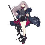  1girl bangs black_footwear black_gloves black_shorts boots breasts coat cross-laced_footwear earphones feather-trimmed_coat floating_hair full_body girls_frontline gloves goggles goggles_around_neck grey_coat grey_hair grey_tank_top gun holding holding_gun holding_weapon lace-up_boots long_hair long_legs looking_away medium_breasts multicolored_hair multiple_straps off_shoulder official_art open_clothes open_coat purple_hair rifle scope shorts sidelocks single_glove sniper_rifle sola7764 solo streaked_hair t-cms_(girls_frontline) tank_top tinted_eyewear truvelo_cms very_long_hair violet_eyes weapon wristband 