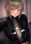  1girl blush bodysuit breasts eyebrows_visible_through_hair grey_eyes grey_hair highres kilye_4421 latex latex_bodysuit long_sleeves looking_at_viewer original short_hair skin_tight smile unzipped upper_body zipper 