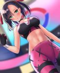  1girl asymmetrical_bangs asymmetrical_hair bangs black_gloves black_hair blush breasts collarbone commentary_request eyebrows_visible_through_hair gloves green_eyes hair_ribbon highres holding holding_poke_ball large_breasts looking_at_viewer mary_(pokemon) navel open_mouth pants pink_pants poke_ball pokemon pokemon_(game) pokemon_swsh red_ribbon ribbon solo toyomi_13 