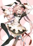  1boy astolfo_(fate) astolfo_(saber)_(fate) bangs black_bow black_gloves black_legwear black_neckwear black_ribbon blush bow bowtie buttons fate/grand_order fate_(series) gloves hair_bow hair_intakes highres juliet_sleeves layered_skirt long_hair long_sleeves looking_at_viewer low_twintails multicolored_hair one_eye_closed open_mouth otoko_no_ko pink_hair puffy_sleeves ribbon skirt smile solo streaked_hair sword thighs twintails violet_eyes weapon white_hair white_skirt wing_collar yuuuuu 