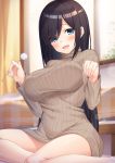  1girl :d barefoot bed black_hair blue_eyes blush breasts dress eyebrows_visible_through_hair eyes_visible_through_hair grey_dress grey_sweater hair_over_one_eye holding indoors lap_pillow lap_pillow_invitation large_breasts long_hair long_sleeves looking_at_viewer mimikaki nanasea74 open_mouth original ribbed_sweater sitting smile solo straight_hair sweater sweater_dress turtleneck turtleneck_sweater very_long_hair yokozuwari 