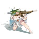  1girl aiming alternate_costume alternate_hair_length alternate_hairstyle breasts choker collarbone covered_mouth damaged dress earrings ejection finger_on_trigger floating_hair flower full_body g28_(girls_frontline) girls_frontline glowing glowing_eye green_hair gun h&amp;k_g28 hair_ornament headdress holding holding_gun holding_weapon jacket jewelry large_breasts layered_dress looking_afar medium_hair mole mole_on_breast necklace official_art one_knee pumps sash see-through shell_casing shrug_(clothing) smile solo tearing_up torn_clothes transparent_background ushi_(newrein) weapon white_dress white_footwear white_jacket wide_sleeves wind 