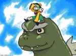  1girl black_headwear blush clouds cloudy_sky collared_shirt eyeball frilled_shirt_collar frilled_sleeves frills godzilla godzilla_(series) green_eyes green_hair green_skirt hat hat_ribbon heart heart_of_string kaijuu komeiji_koishi long_sleeves mima-sama monster on_head open_mouth ribbon sharp_teeth shirt short_hair simple_background skirt sky smile tail teeth third_eye wide_sleeves yellow_ribbon yellow_shirt 