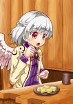  1girl :o arms_up blush bow bowtie braid brooch chair commentary_request cup dress eyebrows_visible_through_hair feathered_wings food french_braid head_tilt highres holding holding_food jacket jewelry kishin_sagume long_sleeves looking_down mochi open_clothes open_hand open_jacket plate purple_dress red_eyes red_neckwear restaurant short_hair silver_hair single_wing sitting solo sugiyama_ichirou table touhou warabi wings wooden_chair wooden_table wooden_wall yellow_jacket yunomi 