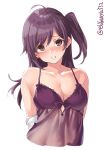  1girl ahoge arms_behind_back bare_shoulders blush breasts brown_eyes collarbone ebifurya hagikaze_(kantai_collection) head_tilt highres kantai_collection lingerie long_hair looking_at_viewer medium_breasts negligee nightgown one_side_up parted_lips pink_lips purple_hair see-through solo underwear 