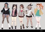  5girls :o alternate_costume aqua_eyes armlet asymmetrical_bangs backpack bag bangs belly_chain beret between_breasts black_choker black_footwear black_hair black_jacket black_ribbon black_skirt blue_cardigan blue_eyes blue_hair blue_skirt blush boots breasts brown_eyes brown_footwear brown_hair brown_jacket brown_legwear brown_skirt cardigan choker collarbone collared_shirt dark_skin drawstring earrings eyebrows_visible_through_hair eyewear_on_head food_in_mouth full_body glasses green_headwear grey_background grey_cardigan grey_eyes gym_leader hair_between_eyes hair_bun hair_ornament hair_ribbon hand_up hat heart heart_hair_ornament highres holding holding_bag holding_strap hood hood_down hooded_cardigan hooded_jacket hoop_earrings jacket jewelry letterboxed long_hair long_sleeves looking_at_viewer mary_(pokemon) mashiro_(rikuya) medium_breasts miniskirt mouth_hold multicolored_hair multiple_girls necklace open_clothes open_jacket open_mouth orange_hair paper_bag parted_lips pink_hair pleated_skirt pokemon pokemon_(game) pokemon_swsh red_cardigan red_ribbon ribbon round_teeth rurina_(pokemon) saitou_(pokemon) school_uniform shirt short_sleeves shoulder_bag side_ponytail simple_background skirt smile socks sonia_(pokemon) standing strap_between_breasts sweater_vest teeth twintails two-tone_hair waving white_footwear white_legwear white_shirt white_skirt yuuri_(pokemon) zipper zipper_pull_tab 