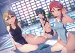  3girls ass bangs barefoot blue_hair brown_hair commentary_request competition_swimsuit from_behind hair_bun hair_ornament hairclip half_updo highleg highleg_swimsuit highres indoors kunikida_hanamaru long_hair looking_at_viewer love_live! love_live!_sunshine!! multiple_girls one-piece_swimsuit pool red_eyes redhead sakurauchi_riko side_bun sitting smile swimsuit tsushima_yoshiko wet white_swimsuit yamaori_(yamaorimon) yellow_eyes yokozuwari 