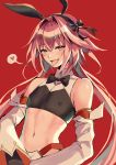  1boy astolfo_(fate) astolfo_(saber)_(fate) bangs bare_shoulders belt black_bow black_neckwear black_ribbon blush bow bowtie covered_nipples crop_top fang fate/grand_order fate_(series) hair_bow hair_intakes heart highres k.k_(pixiv) long_hair long_sleeves looking_at_viewer low_twintails midriff multicolored_hair navel open_mouth otoko_no_ko pink_hair red_background ribbon simple_background smile solo spoken_heart streaked_hair tongue tongue_out twintails violet_eyes white_hair wing_collar 