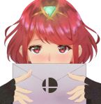  1girl bangs black_gloves blush commentary_request cute earrings fingerless_gloves gem gloves glowing hairband holding_envelope jewelry looking_at_viewer monolith_soft monster_games nayutayutautau nintendo nose_blush pyra_(xenoblade) red_eyes redhead short_hair simple_background smash_ball smash_bros._invitation_letter solo sora_(company) super_smash_bros. swept_bangs upper_body white_background xenoblade_(series) xenoblade_2 xenoblade_chronicles_2 