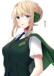  1girl :o bangs blonde_hair blue_neckwear blush braid braided_bun cape emblem green_cape green_ribbon green_vest hair_between_eyes hair_bun hair_ribbon highres kantai_collection mizuki_eiru_(akagi_kurage) necktie perth_(kantai_collection) ribbon shirt short_hair_with_long_locks short_sleeves sidelocks simple_background solo upper_body vest violet_eyes white_background white_shirt 