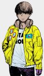  1boy grey_background hand_in_pocket headphones highres jacket looking_at_viewer short_hair simple_background sketch smile solo synecdoche yellow_jacket 