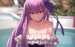  1girl :q bangs bare_shoulders blurry blurry_background bow choker collarbone commentary_request eyebrows_visible_through_hair fate/grand_order fate_(series) frills hair_between_eyes hair_bow highres ibuki_notsu long_hair looking_at_viewer meltryllis meltryllis_(swimsuit_lancer)_(fate) off_shoulder outdoors pool purple_bow purple_choker purple_hair solo swimsuit tongue tongue_out tsurime upper_body violet_eyes 