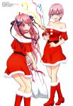  2girls absurdres artist_request black_ribbon blue_eyes boots butterfly_hair_ornament go-toubun_no_hanayome hair_ornament hair_ribbon hat highres looking_at_viewer multiple_girls nakano_ichika nakano_nino pink_hair ribbon santa_boots santa_costume santa_hat shirt short_hair white_shirt 