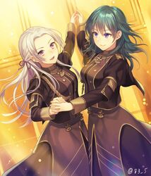  2girls blonde_hair blue_eyes blue_hair byleth_(fire_emblem) byleth_eisner_(female) closed_mouth edelgard_von_hresvelg fire_emblem fire_emblem:_three_houses garreg_mach_monastery_uniform hair_ribbon holding_hands long_hair long_sleeves medium_hair multiple_girls open_mouth ribbon smile twitter_username uniform violet_eyes yamyom 