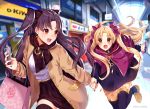  2girls :d :o bag bangs black_bow black_dress black_hair black_legwear black_nails black_scarf black_skirt blonde_hair blush bow breasts brown_coat cellphone coat dress earrings english_commentary ereshkigal_(fate/grand_order) eyebrows_visible_through_hair fate/grand_order fate_(series) hair_bow holding holding_cellphone holding_hands holding_phone ishtar_(fate/grand_order) jewelry leaning_forward leg_up long_hair long_sleeves mall mixed-language_commentary multiple_girls nail_polish open_clothes open_coat open_mouth parted_bangs phone purple_bow purple_capelet red_eyes running scarf shirt shopping_bag skirt small_breasts smile sweat thigh-highs thigh_gap twitch_username two_side_up unmoving_pattern upper_teeth very_long_hair white_shirt yuniiho zettai_ryouiki 