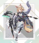  1girl absurdres ahoge animal_ears axe belt black_gloves black_jacket blonde_hair eyebrows_visible_through_hair fang fox_ears fox_tail gloves grey_legwear highres holding holding_axe holding_weapon jacket jewelry lower_teeth mecha necklace nogchasaeg_(karon2848) open_mouth original shoes short_shorts shorts sleeve_rolled_up sneakers solo tail teeth thigh-highs violet_eyes weapon 