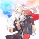  2girls cape edelgard_von_hresvelg fire_emblem fire_emblem:_three_houses garreg_mach_monastery_uniform gloves hair_ribbon hayuki106 long_hair long_sleeves lysithea_von_ordelia multiple_girls open_mouth pink_eyes red_cape red_legwear ribbon uniform violet_eyes white_gloves white_hair 