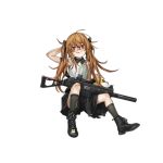  1girl :d :q alternate_costume bag bandaid bandaid_on_knee bandaid_on_nose bangs black_bow black_footwear black_shorts blush boots bow brown_eyes brown_hair collared_shirt full_body girls_frontline grey_legwear gun h&amp;k_ump hair_between_eyes hair_bow hair_ornament hand_behind_head infukun injury kneehighs long_hair looking_at_viewer official_art open_mouth pouch scar scar_across_eye shirt shorts shoulder_bag sitting sleeveless sleeveless_shirt smile solo submachine_gun suspender_shorts suspenders tongue tongue_out torn_clothes transparent_background twintails ump9_(girls_frontline) weapon white_shirt younger 