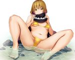  1girl absurdres ass bangs bikini blonde_hair blush breasts highres huge_filesize looking_at_viewer lunasa_prismriver navel partially_submerged short_hair sitting solo spread_legs swimsuit sy4may0 touhou yellow_bikini yellow_eyes yellow_nails 
