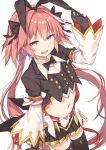  1boy astolfo_(fate) astolfo_(saber)_(fate) black_bow black_gloves black_hairband black_legwear black_neckwear black_skirt bow bowtie commentary_request eyebrows_visible_through_hair fang fate/grand_order fate_(series) gloves hair_bow hairband highres long_hair long_sleeves looking_at_viewer low_twintails male_focus navel open_mouth otoko_no_ko otou_mamayo pink_hair simple_background skirt solo thigh-highs twintails very_long_hair violet_eyes white_background zettai_ryouiki 